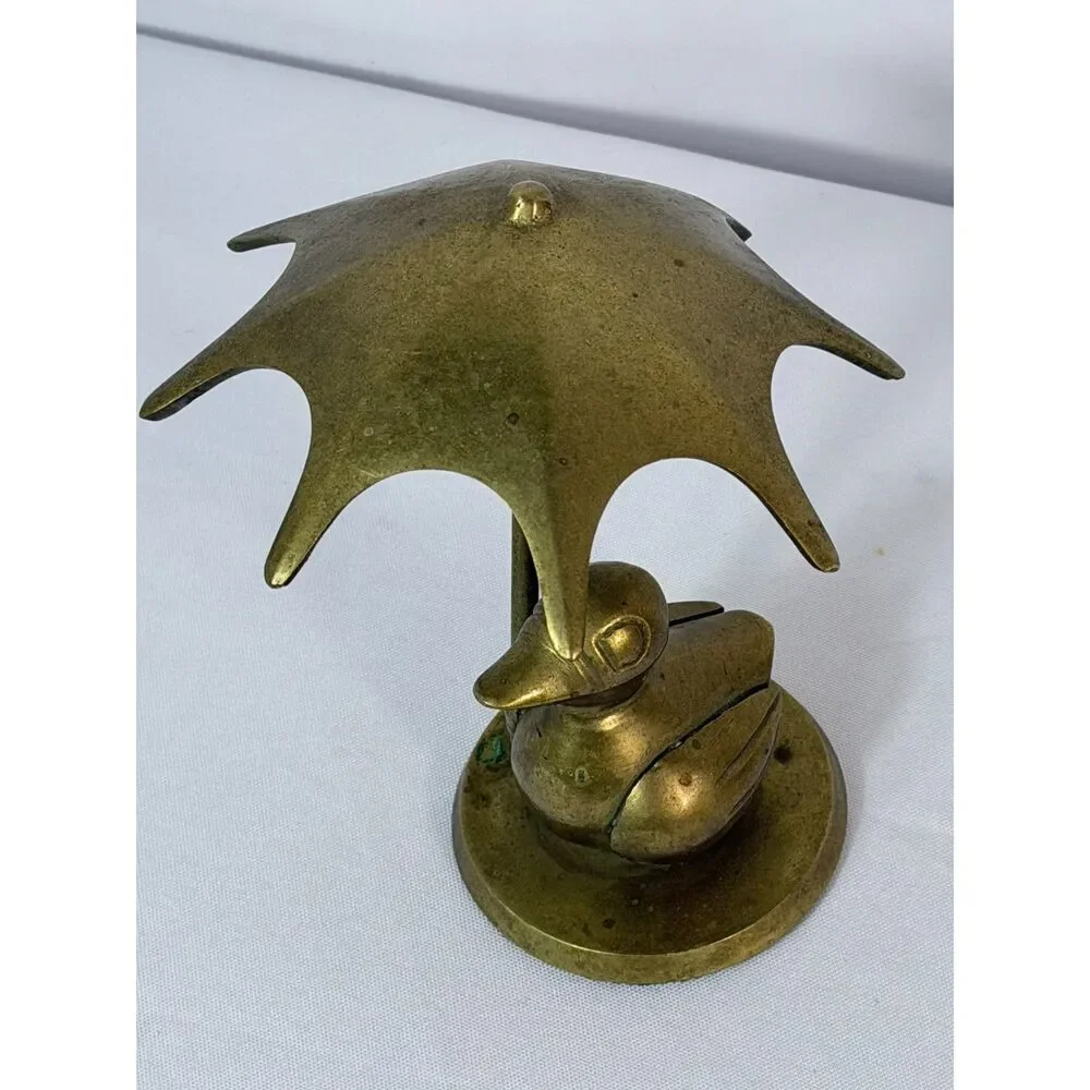 Vintage Brass Rubber Duck Holding Umbrella India Decor Mid Century Decor 5